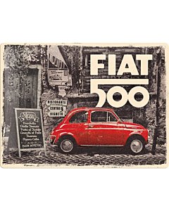 Metallplaat 30x40cm / Fiat 500 - Red Car In The Street