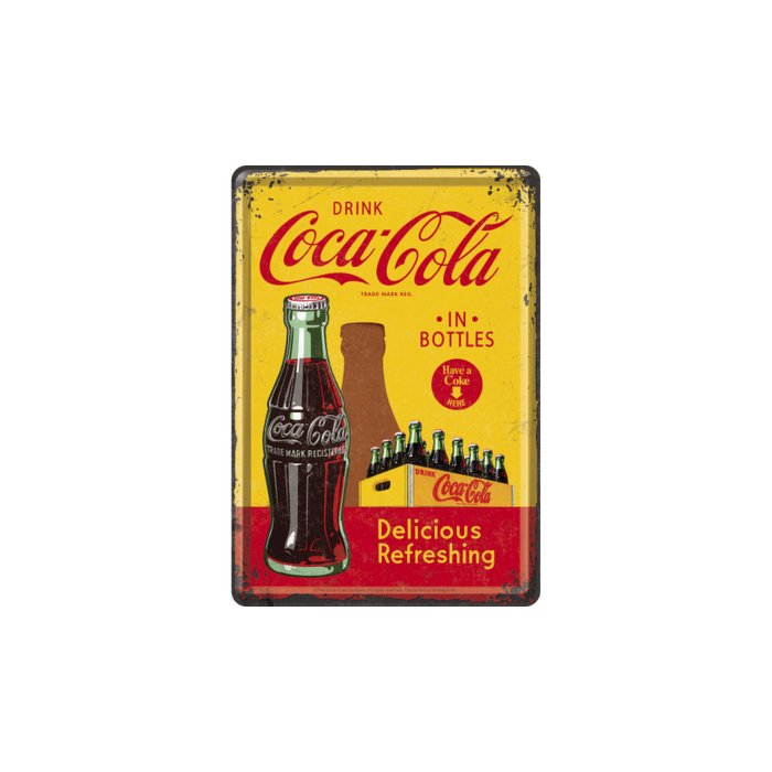 Postkaart metallist 10x14,5cm /  Coca-Cola in bottles