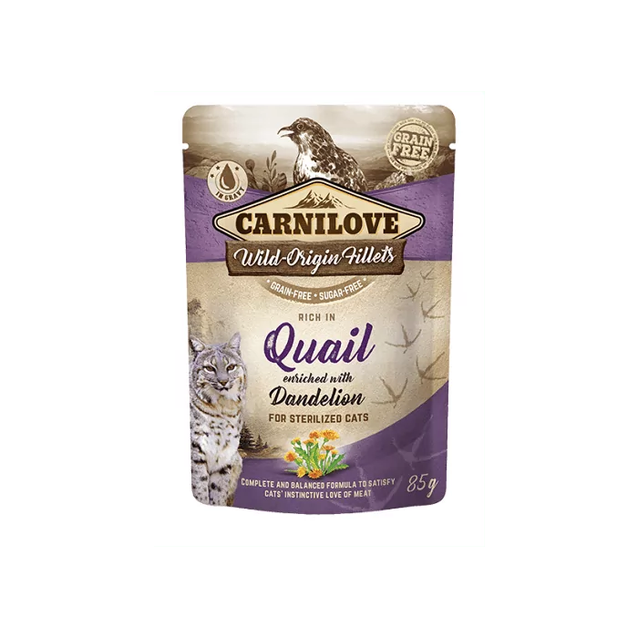 Carni Love Cat Pouch Quail with Dandelion einekotike steriliseeritud kassidele fileeritud vutt 85g