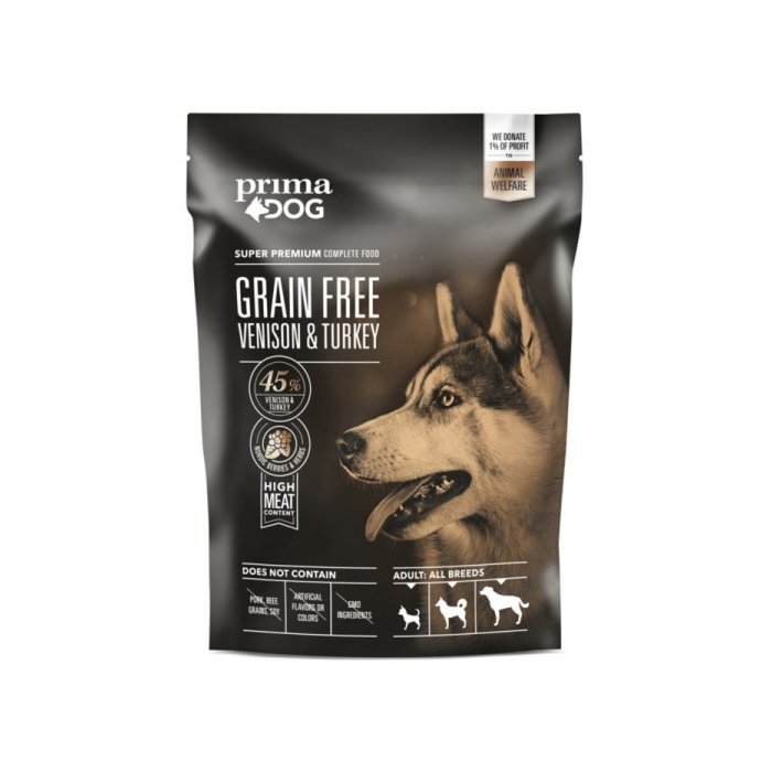 Prima Dog Grain Free täistoit hirveliha-kalkuni kõikidele täiskasvanud koertele / 1,5kg