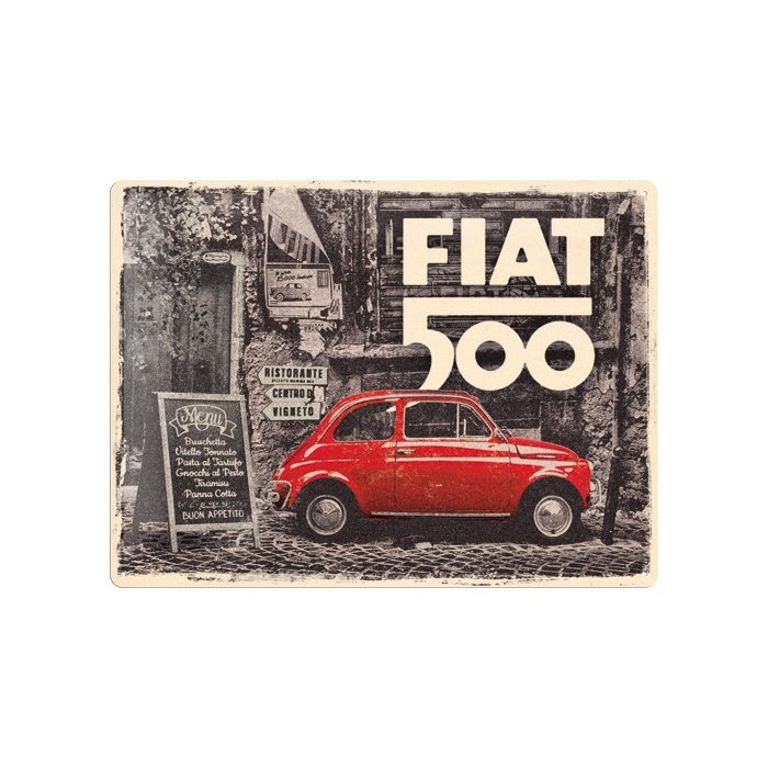 Metallplaat 30x40cm / Fiat 500 - Red Car In The Street